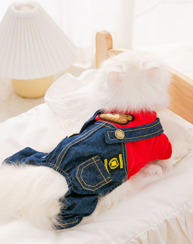 Macacão Jeans com Blusinha para Pets Bear Vermelho